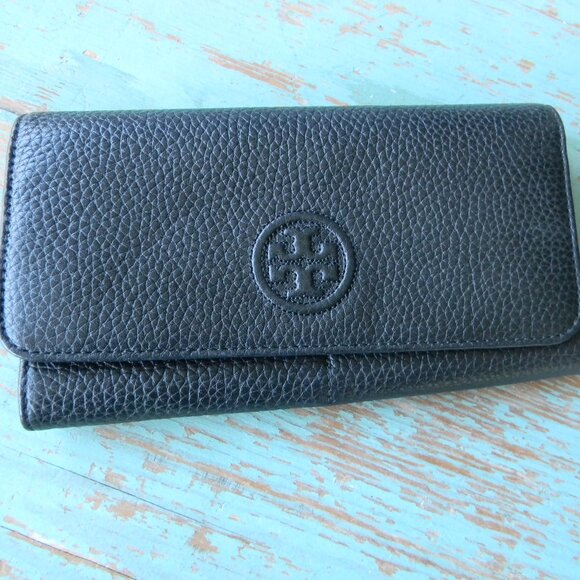 Tory Burch Marion BLACK PEBBLE LEATHER Envelope Continental Wallet - Picture 1 of 9